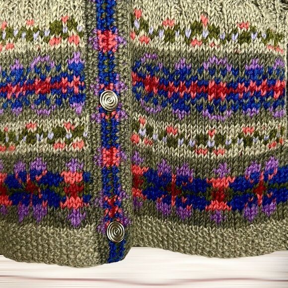 Lost Horizons Nepal Olive Green Wool Nordic Hand Knitted Cardigan Sweater L - Picture 7 of 12